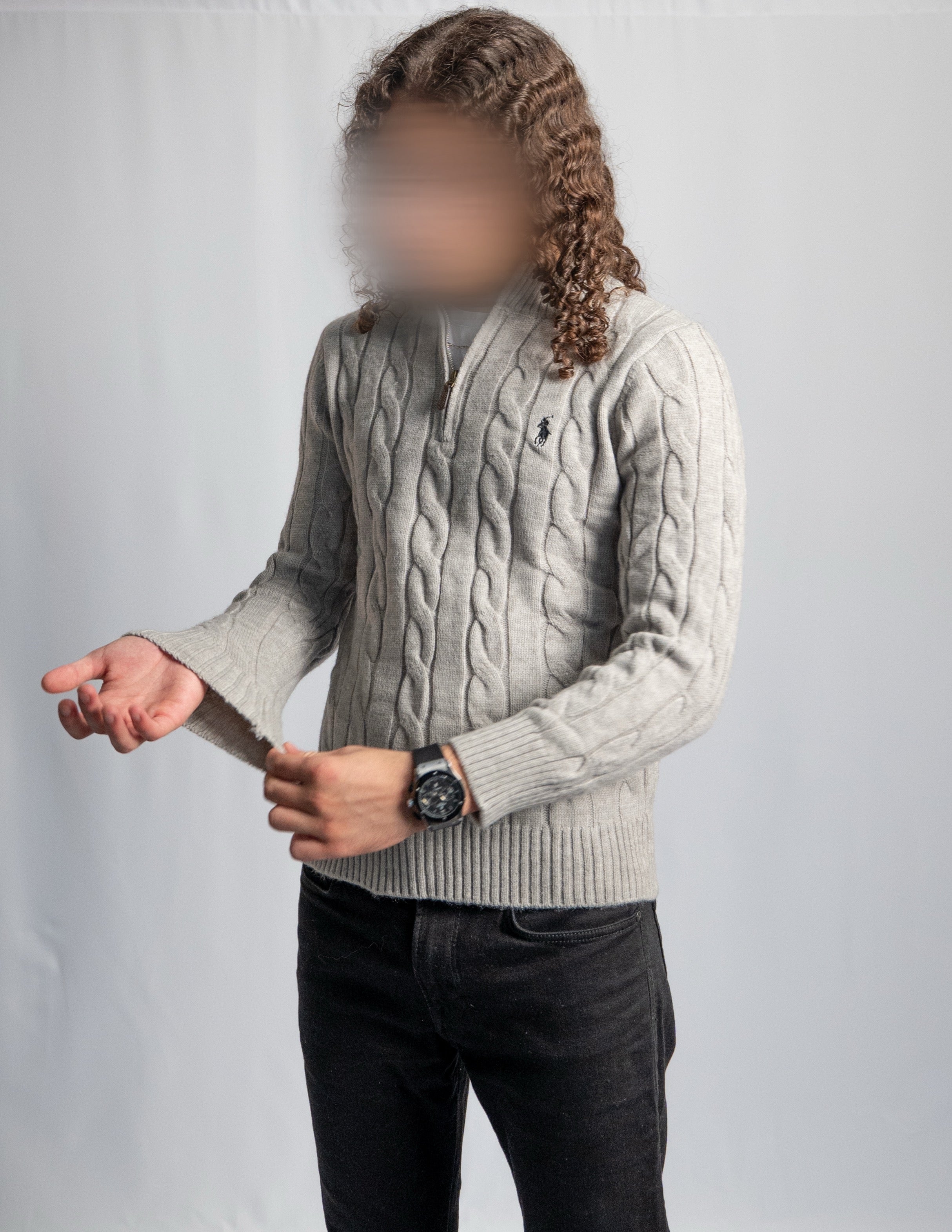 Pull Ralph Lauren Gris – Maille torsadée zip